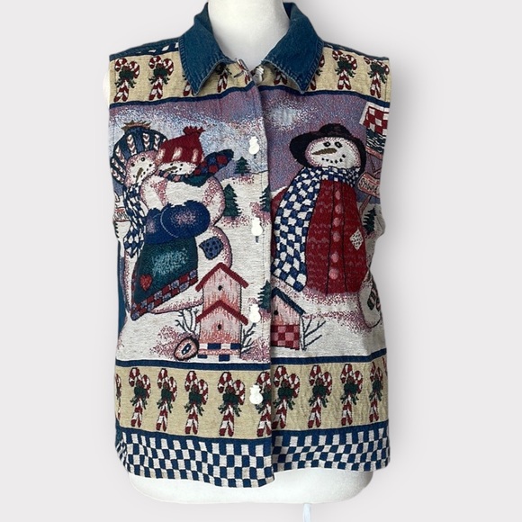 Vintage Jackets & Blazers - Vintage Tantrums Denim Snowman Christmas Holiday Cottagecore Vest Women’s Medium